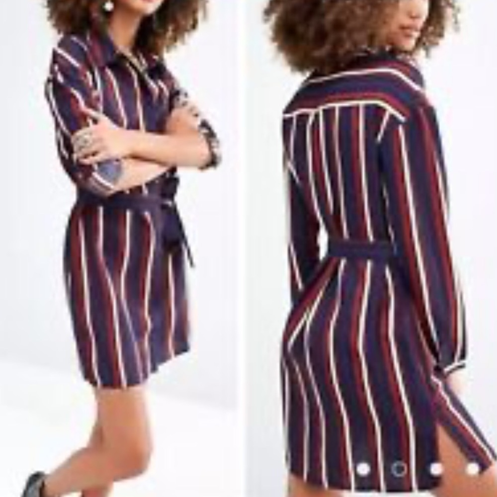 EL GANSO striped shirt dress tying belt navy blue red cream balloon sleeves lge